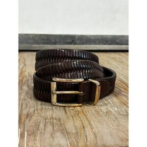 Vintage Fossil Brown Woven Leather Belt Size 38 Genuine Leather Brass Buckle